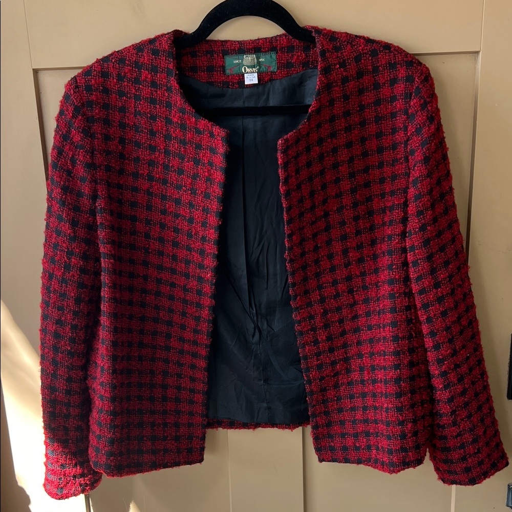 Vintage Orvis Sz 14 Houndstooth Red Black Wool Jacket Blazer Open Front